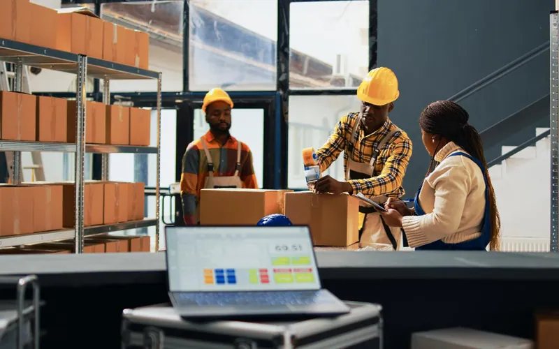 A warehouse team packing and checking orders