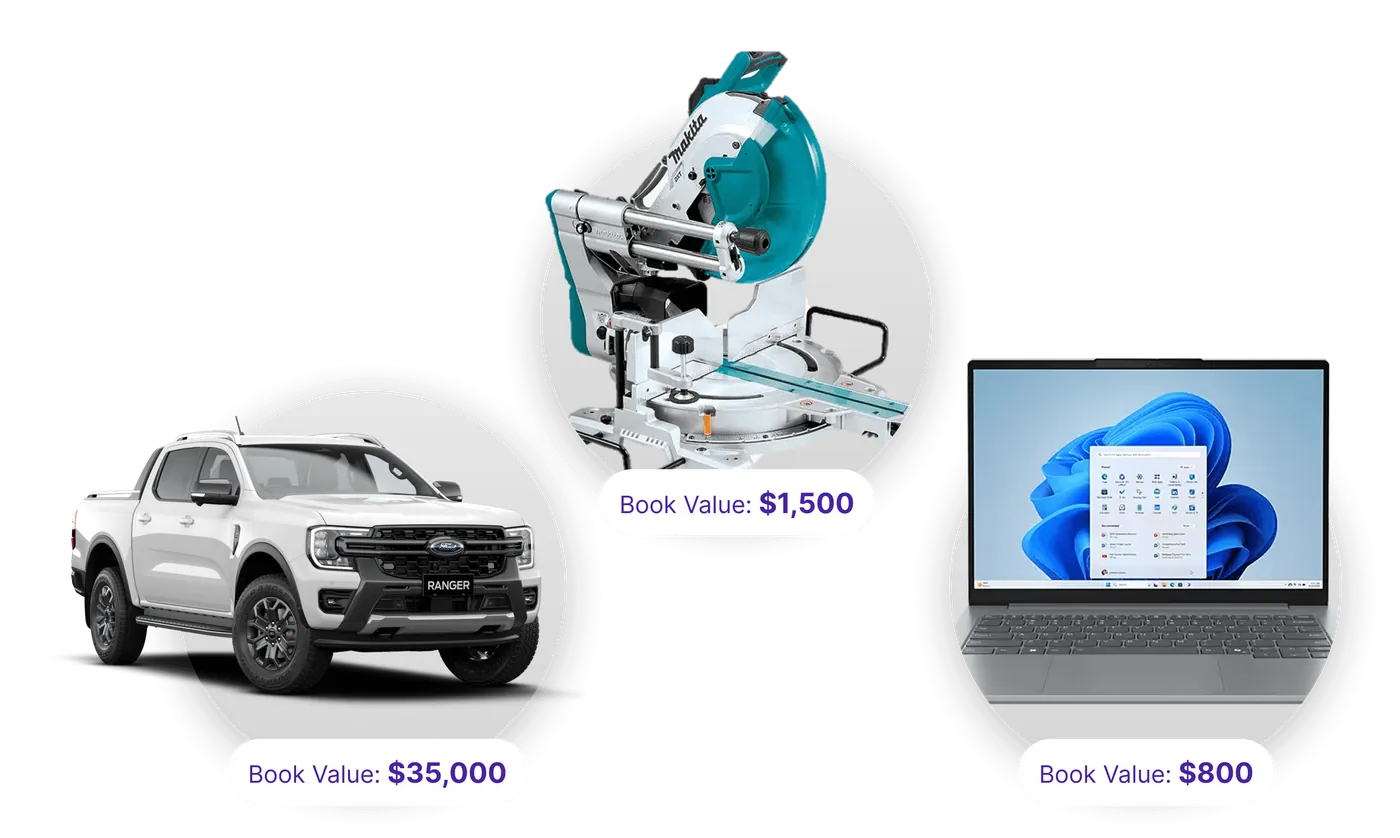 Company assets — a ute, a mitre saw and a laptop — tracked with their book values in Zulu